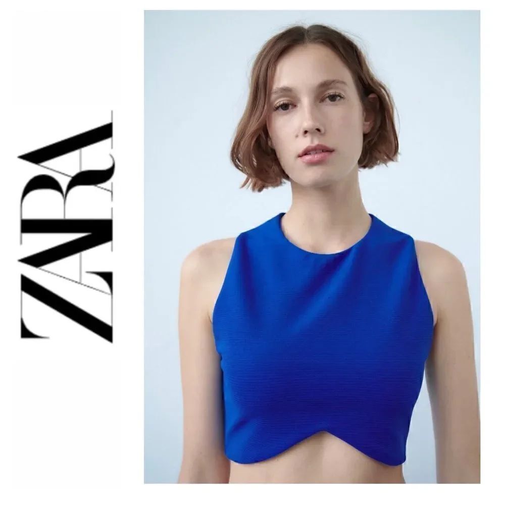 NWOT Zara Blue Asymmetric Hem Sleeveless Ribbed Crop Top, Size Small